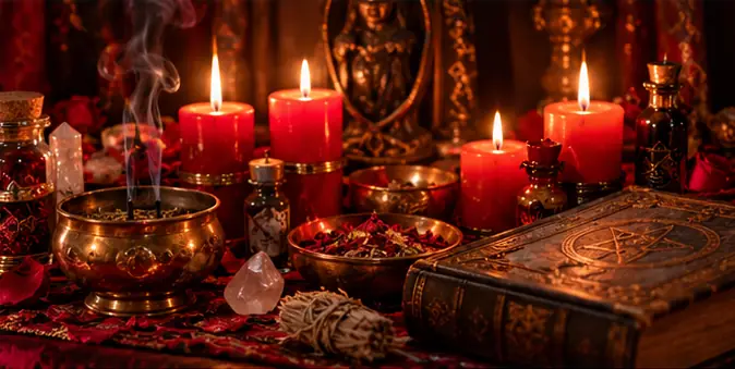 Altar con incienso, cuarzo y grimorio para trabajos de hechicería