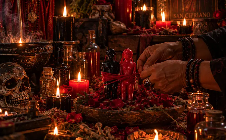 Manos del brujo atando dos figuras de cera frente a la imagen de San Cipriano