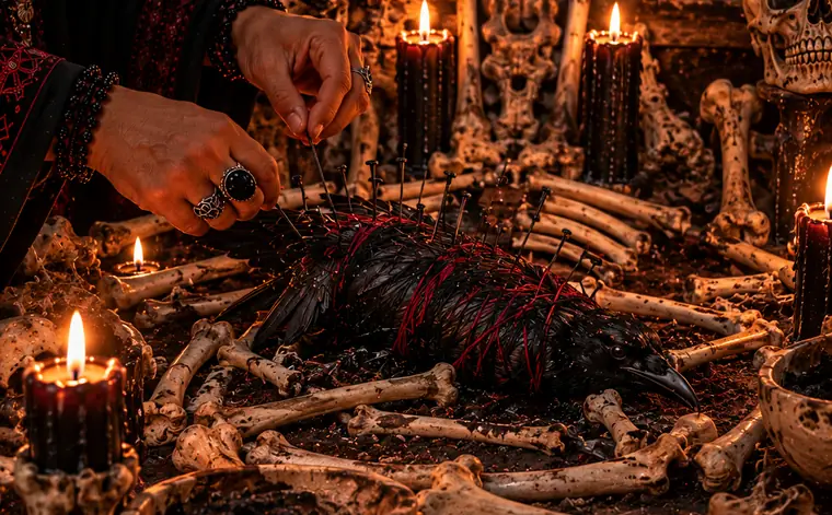 Altar de huesos y velas negras para un trabajo de magia negra de cierre y retorno