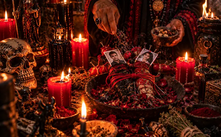 Fotos de una pareja atadas con hilo rojo entre velas, antes del corte de lazo