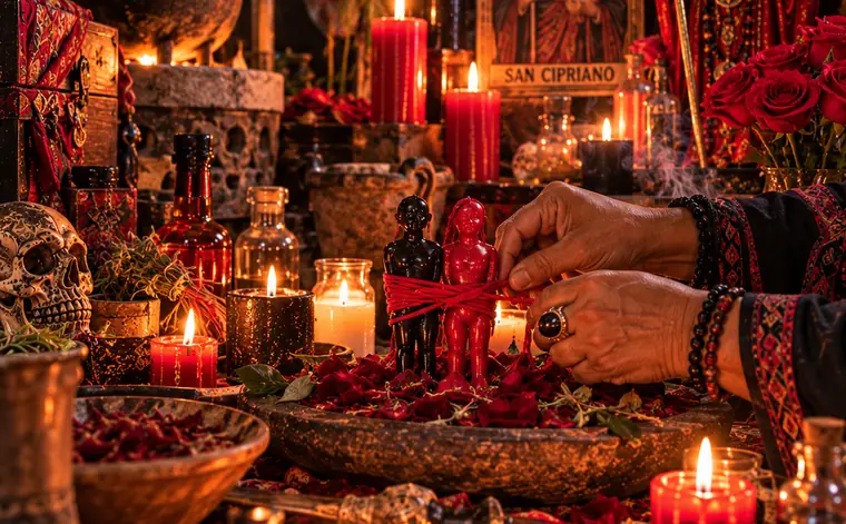 Altar de San Cipriano con velas rojas, caldero y figuras para el destrabe