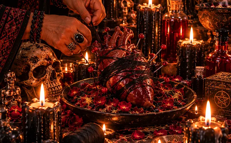 Corazón atado con hilo negro y alfileres en un trabajo de dominio de magia negra