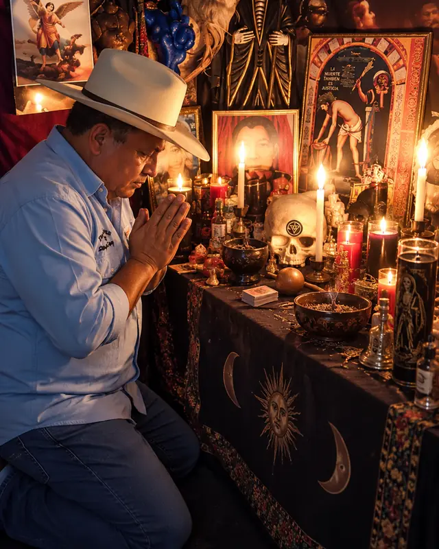 Maestro Elías Montenegro orando frente a su altar antes de un trabajo de brujería