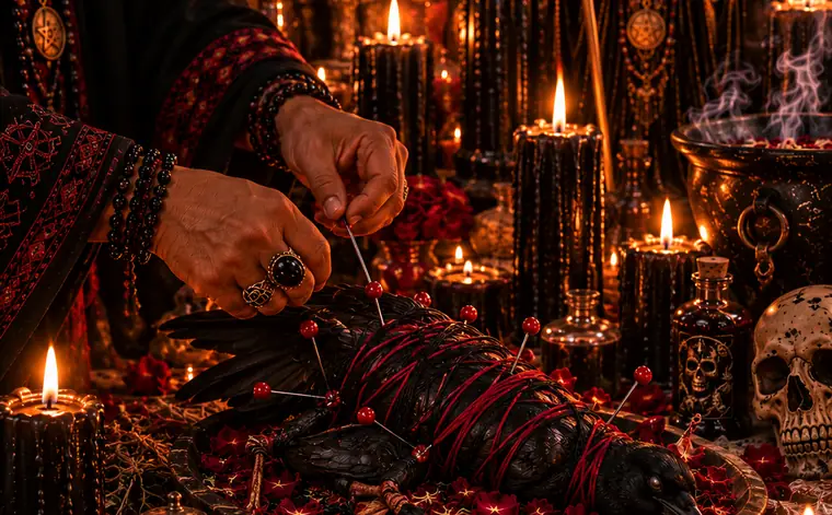 Altar de la Santa Muerte negra con velas negras para un trabajo de protección