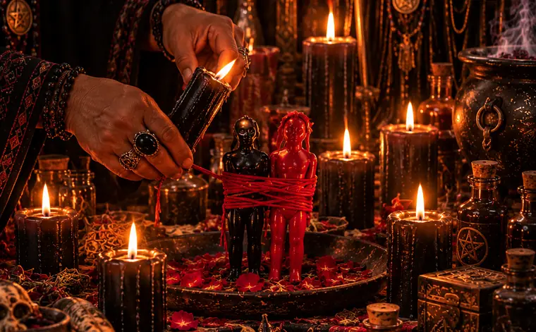 El brujo enciende una vela junto a dos figuras atadas en el altar